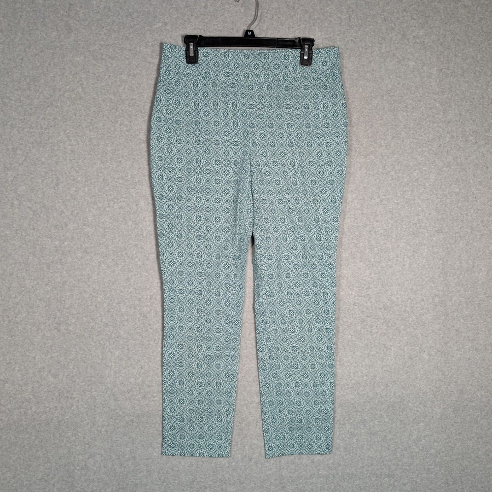 Chicos Pull On Pants Womens 8 Green White Medallion Print Tapered Cropped Ankle